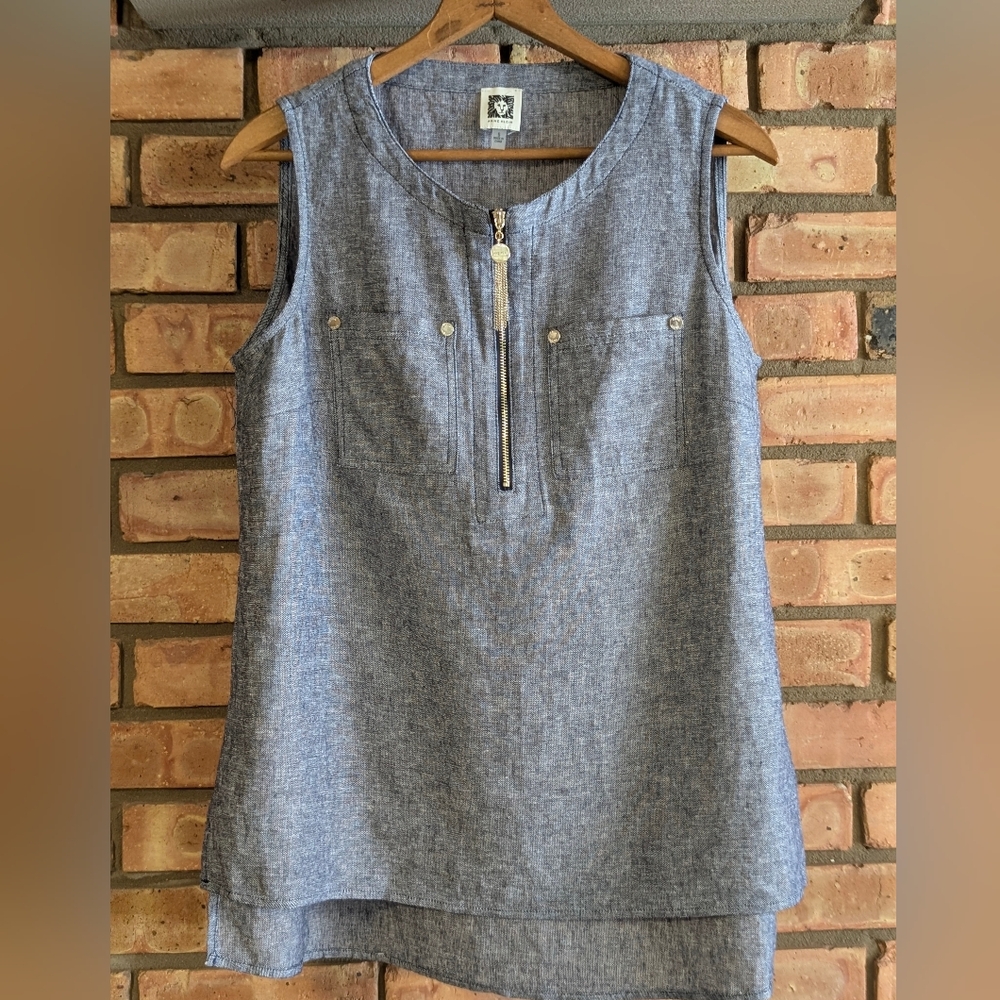 Anne Klein Heathered Blue Linen Sleeveless Blouse